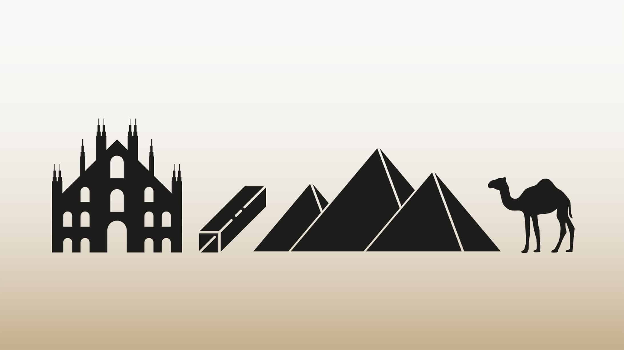 Icons schwarz auf hellem Hintergrund: Mailänder Dom, ein Rohr, drei Pyramiden, ein Kamel